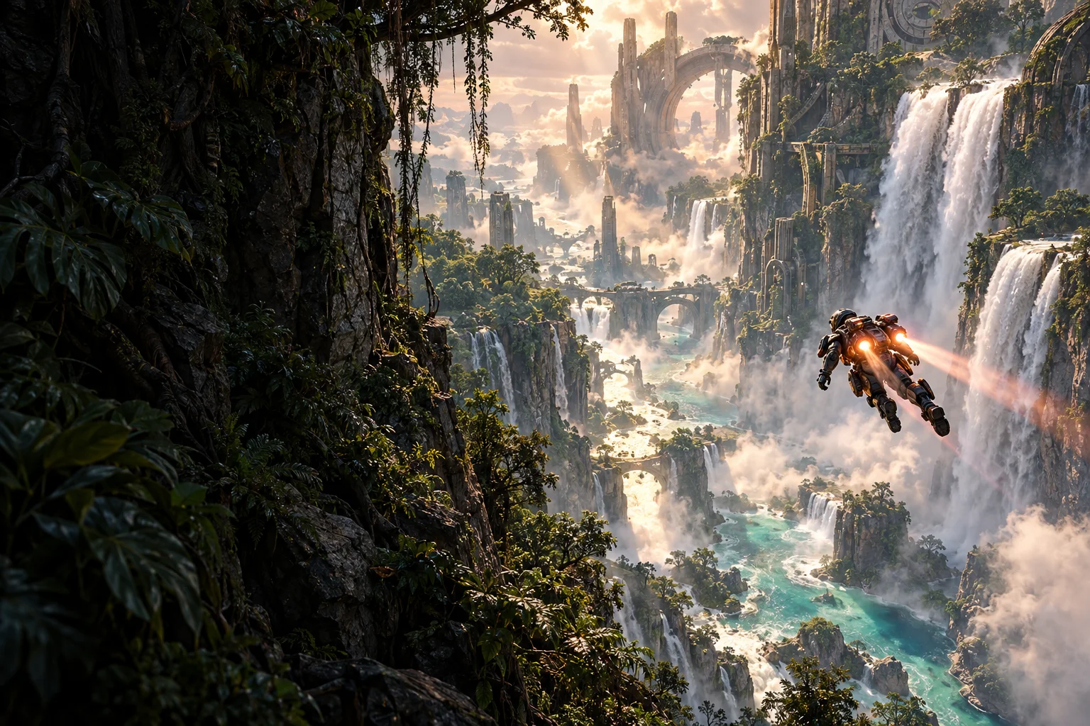 Original imagined exosuit pilot flying through immense jungle ravines and waterfalls; an AI-generated visual tribute, not Anthem gameplay