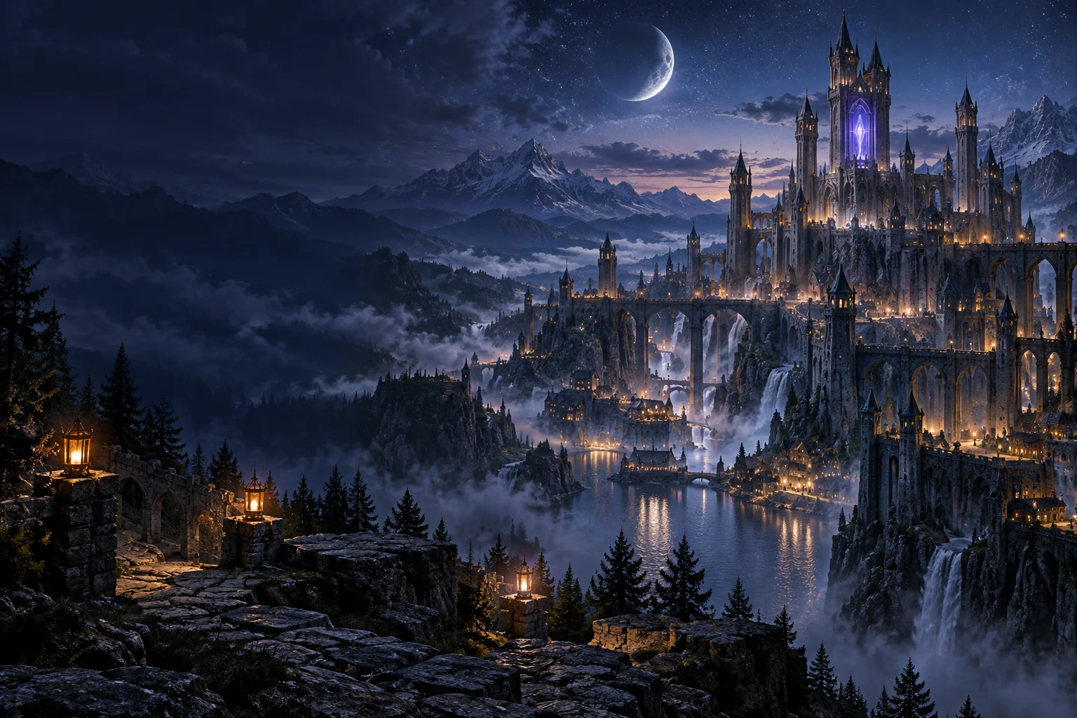 Original imagined fantasy fortress city, lantern-lit bridges and a violet magical tower above a misty valley; not a Neverwinter Nights game location
