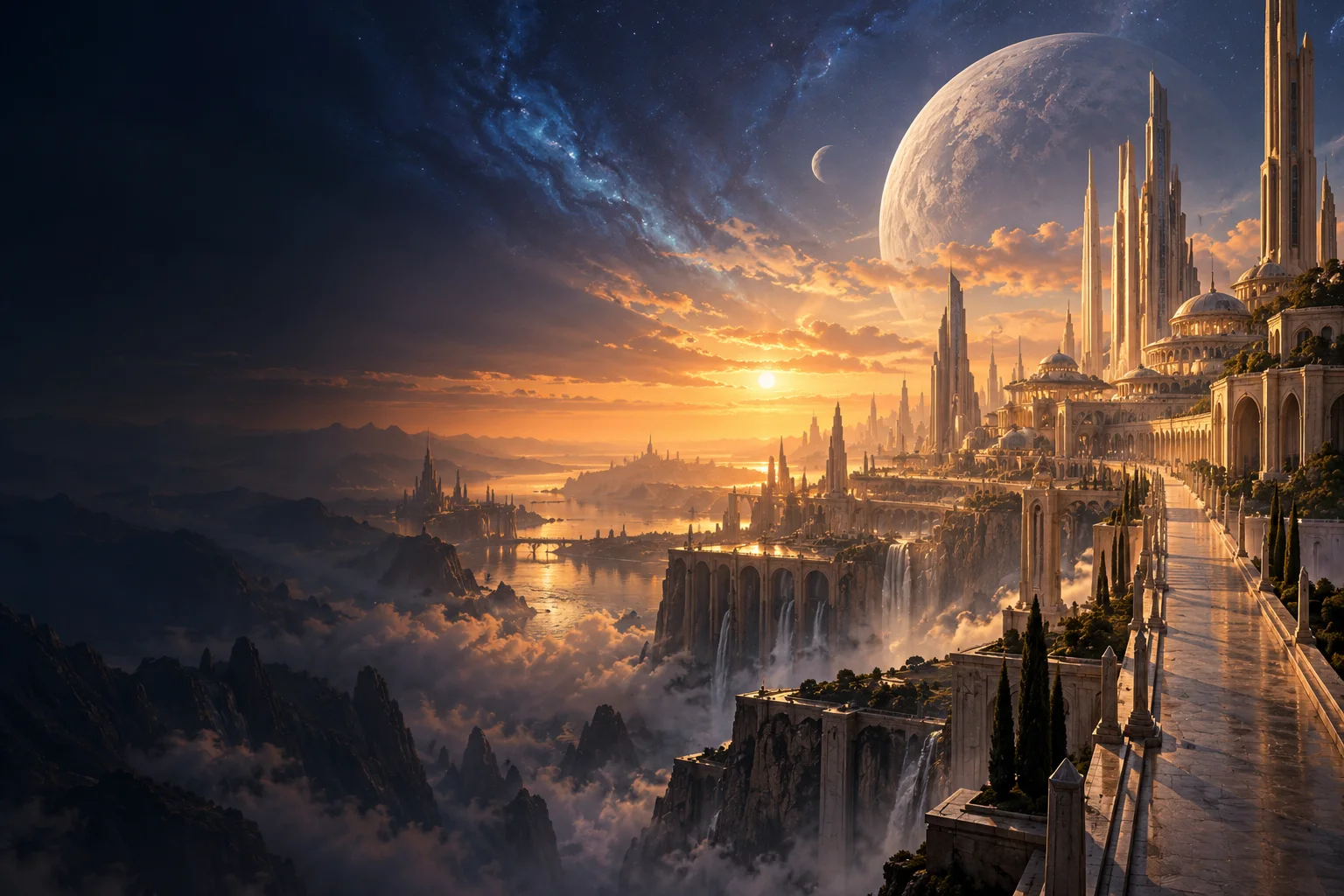 Original imagined galactic city of golden spires beneath alien moons at sunset; a visual tribute, not a Star Wars game location