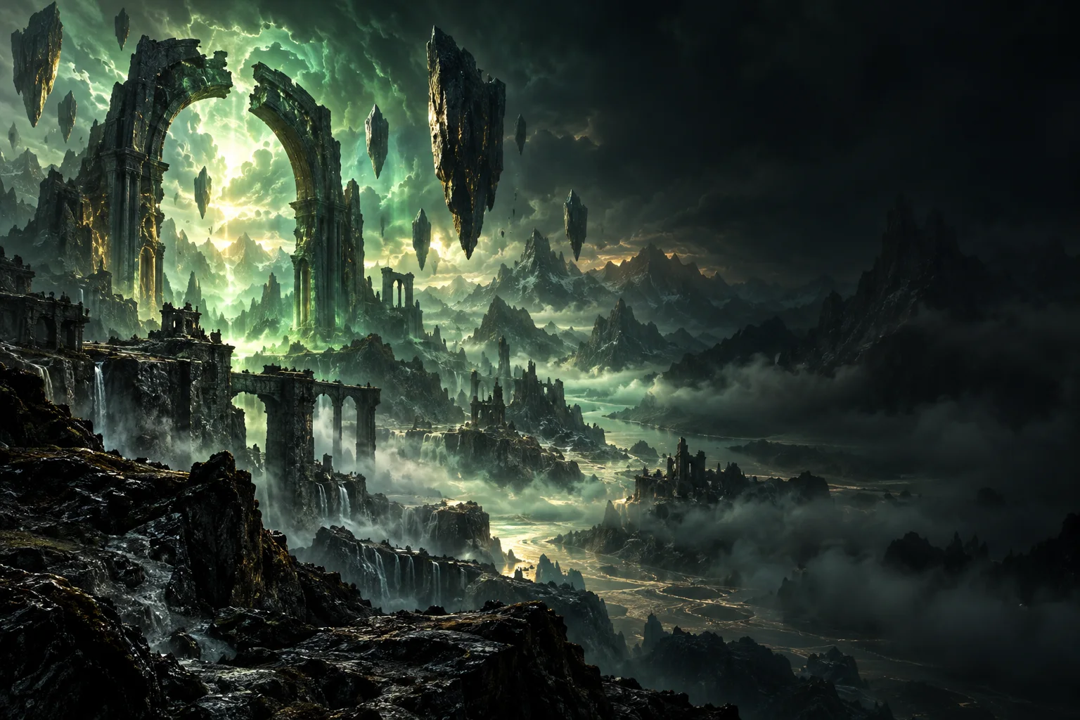Original fantasy landscape with a broken stone arch, floating monoliths and emerald mountain mist; an imagined tribute, not a game location